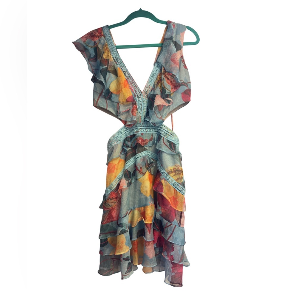 PatBo hibiscus floral ruffle mini dress- cutout detail